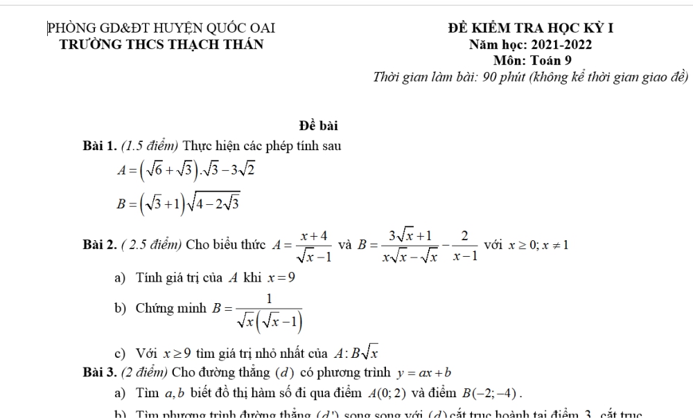 Toán 9: Đề kiểm tra cuối học kì 1. Trường THCS Thạch Thán-Quốc Oai năm học 2021-2022